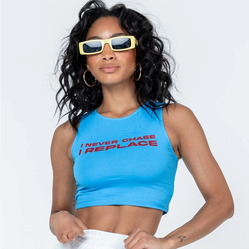Princess Polly Blue Tank Top with Red Text
